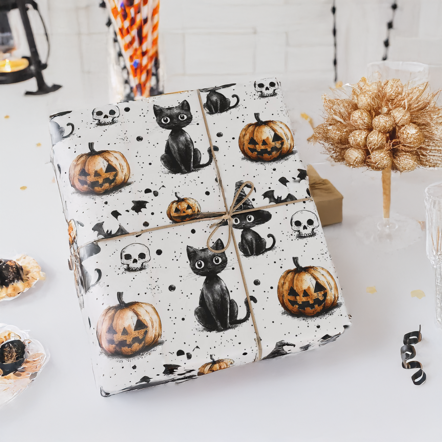 Halloween Wrapping Papers - Spooky Pumpkins and Cats Design