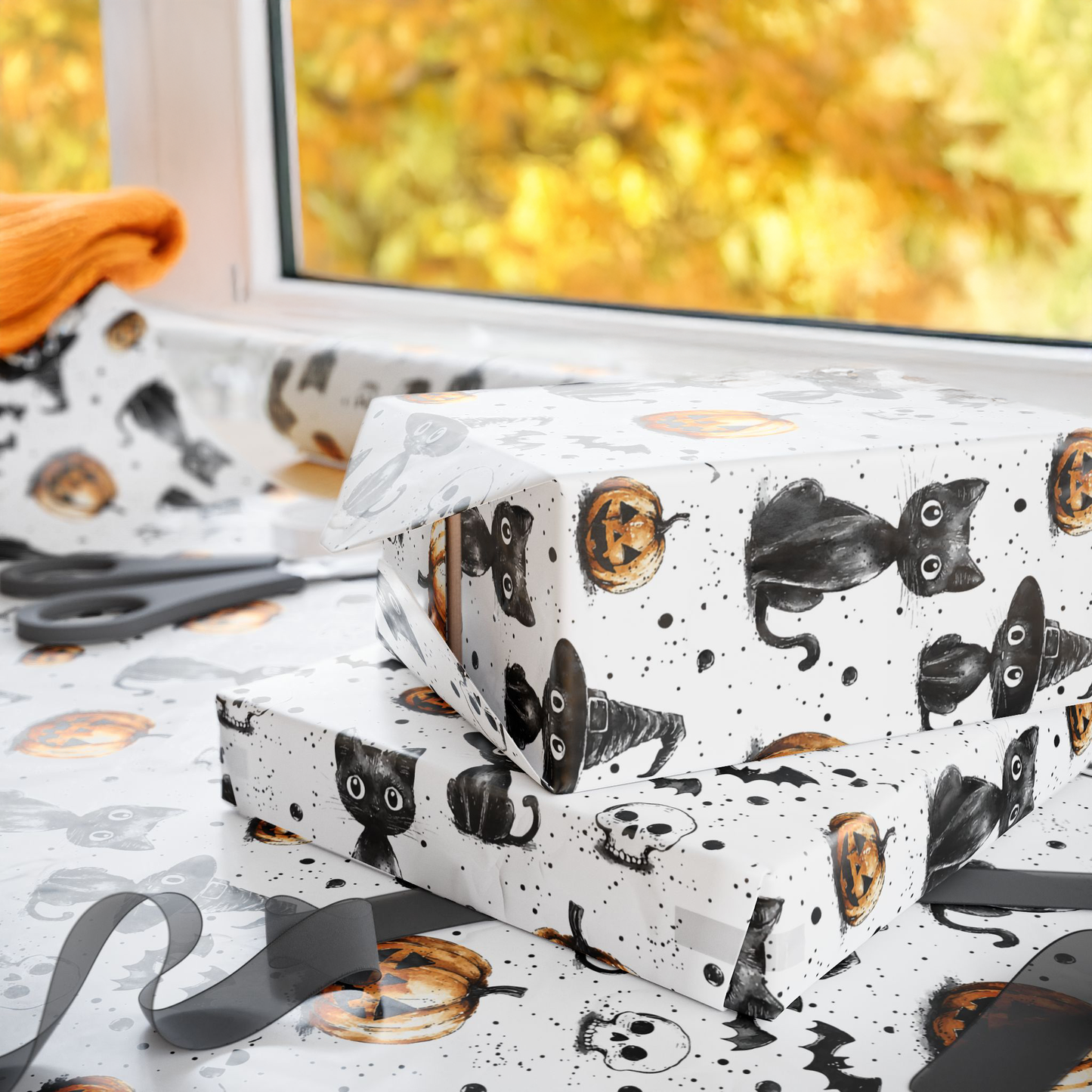 Halloween Wrapping Papers - Spooky Pumpkins and Cats Design