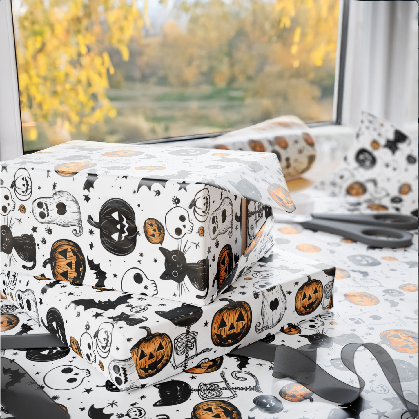 Halloween Wrapping Papers - Spooky Pumpkins and Cats Design